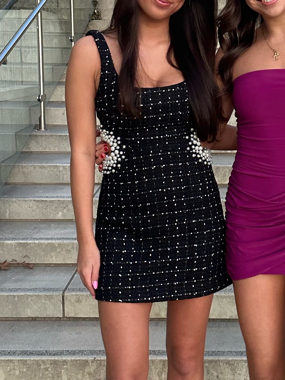 Zara Black Tweed Pearl-Embellished Mini Dress